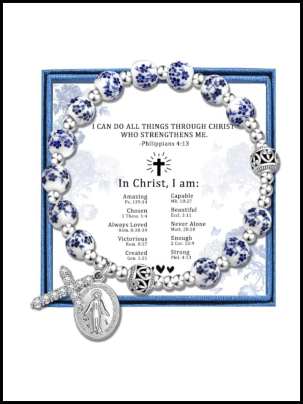 Catholic Rosary Bracelet with Virgin Mary & Cross, Porcelain Ceramic Beads,